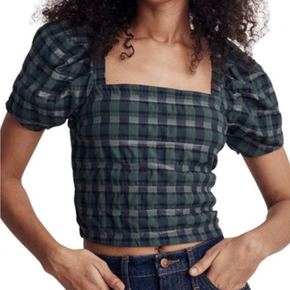 Madewell Green and Black Puff Sleeve Smocked Blouse - Size small